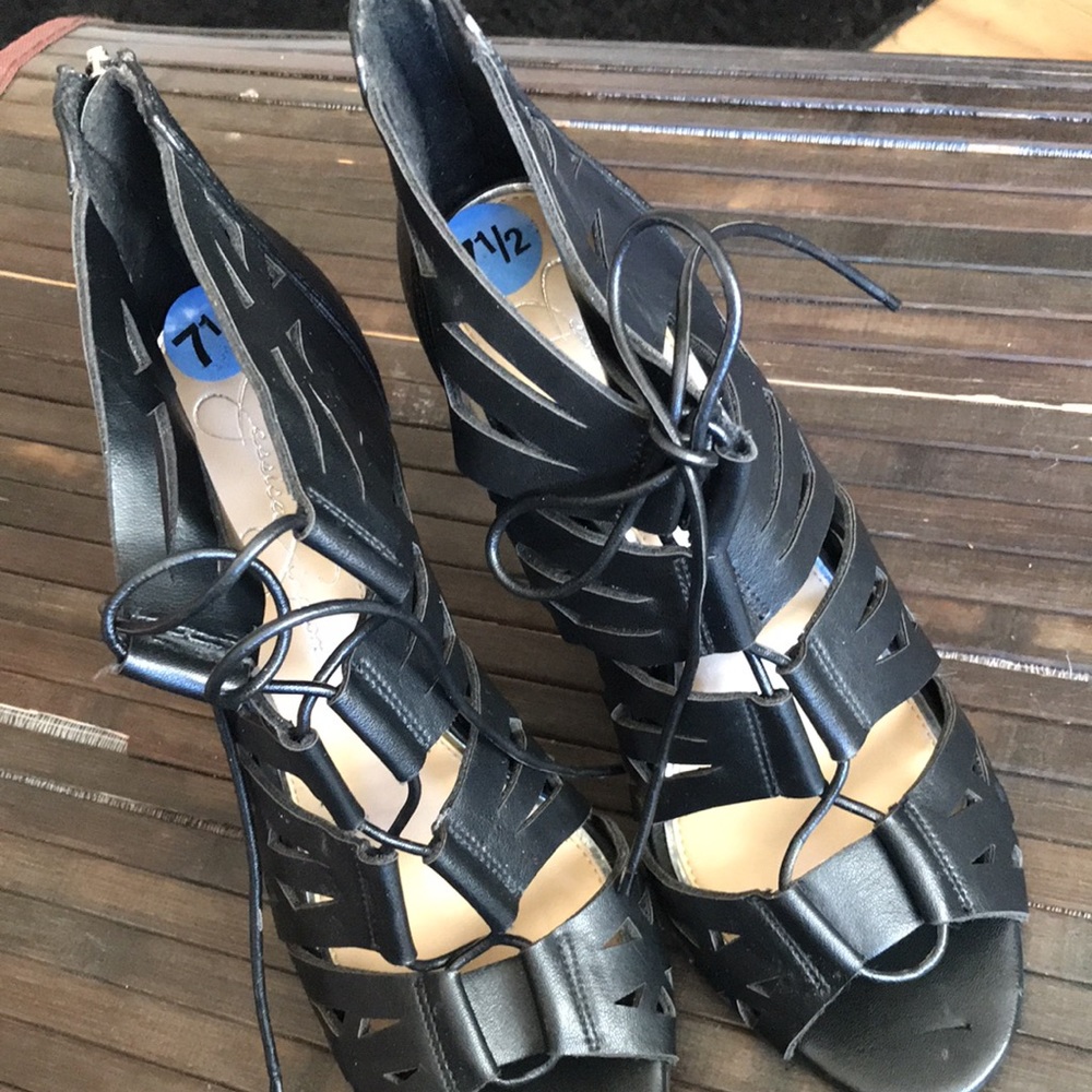 {$15 BUNDLED} JESSICA SIMPSON Black Faux Leather Open Toe Heels - Picture 12 of 12